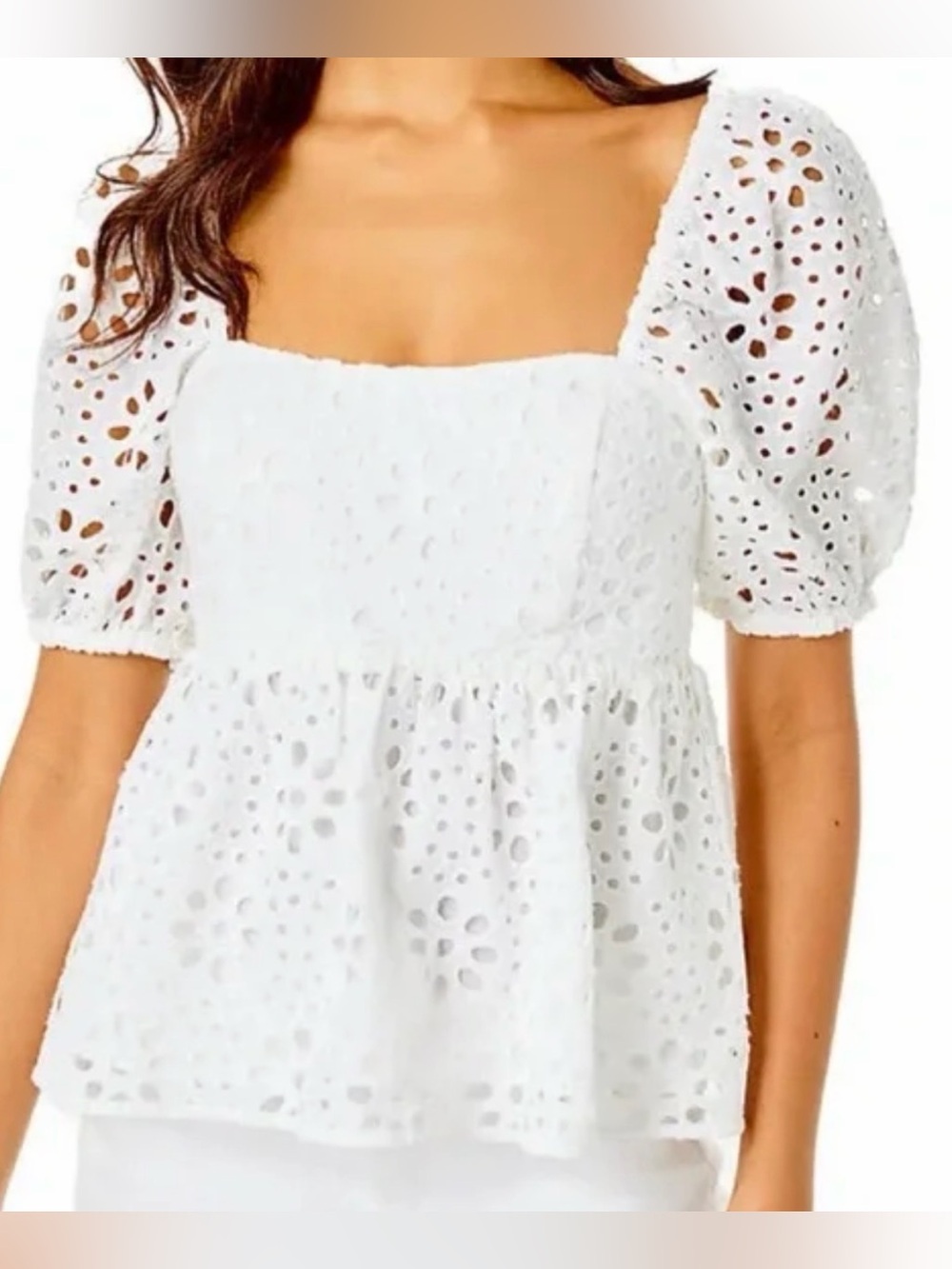 Lilly Pulitzer Kay White Eyelet Puff-Sleeve Peplum Top